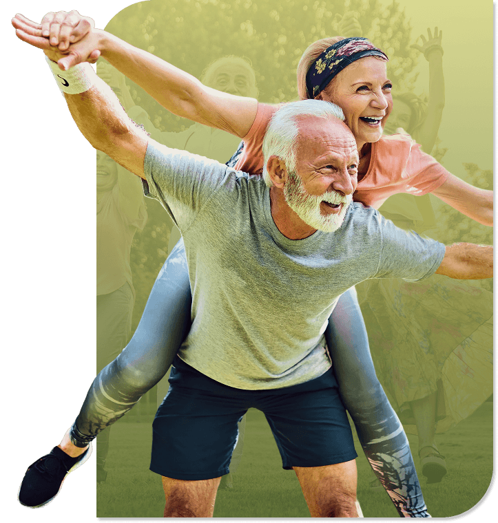Playful Elderly Couple Enjoying an Outdoor Fitness Event in Independent Living Playful Elderly Couple Enjoying an Outdoor Fitness Event in Independent Living