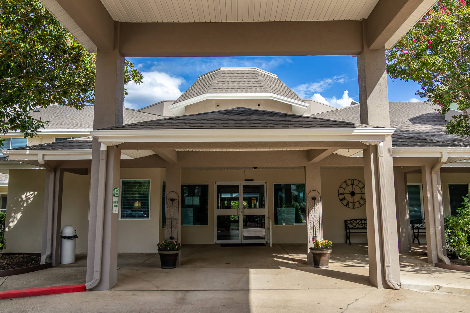 Close-Up View of Covered Main Entrance Portico at an Independent Living Facility